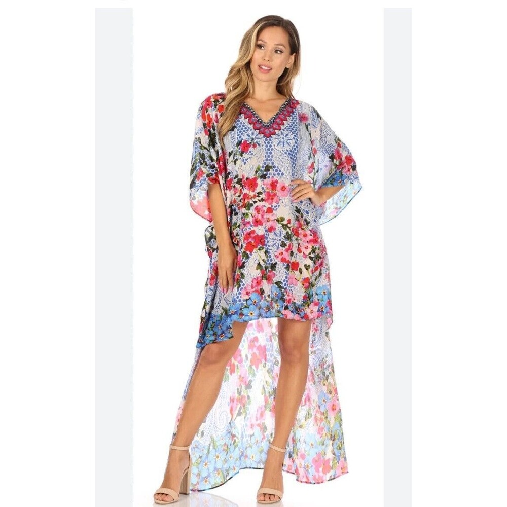 Sakkas Caftan Coverup Dress O/S Laisson Flowy Hi-Low/Top Rhinestone Boxy V-Neck